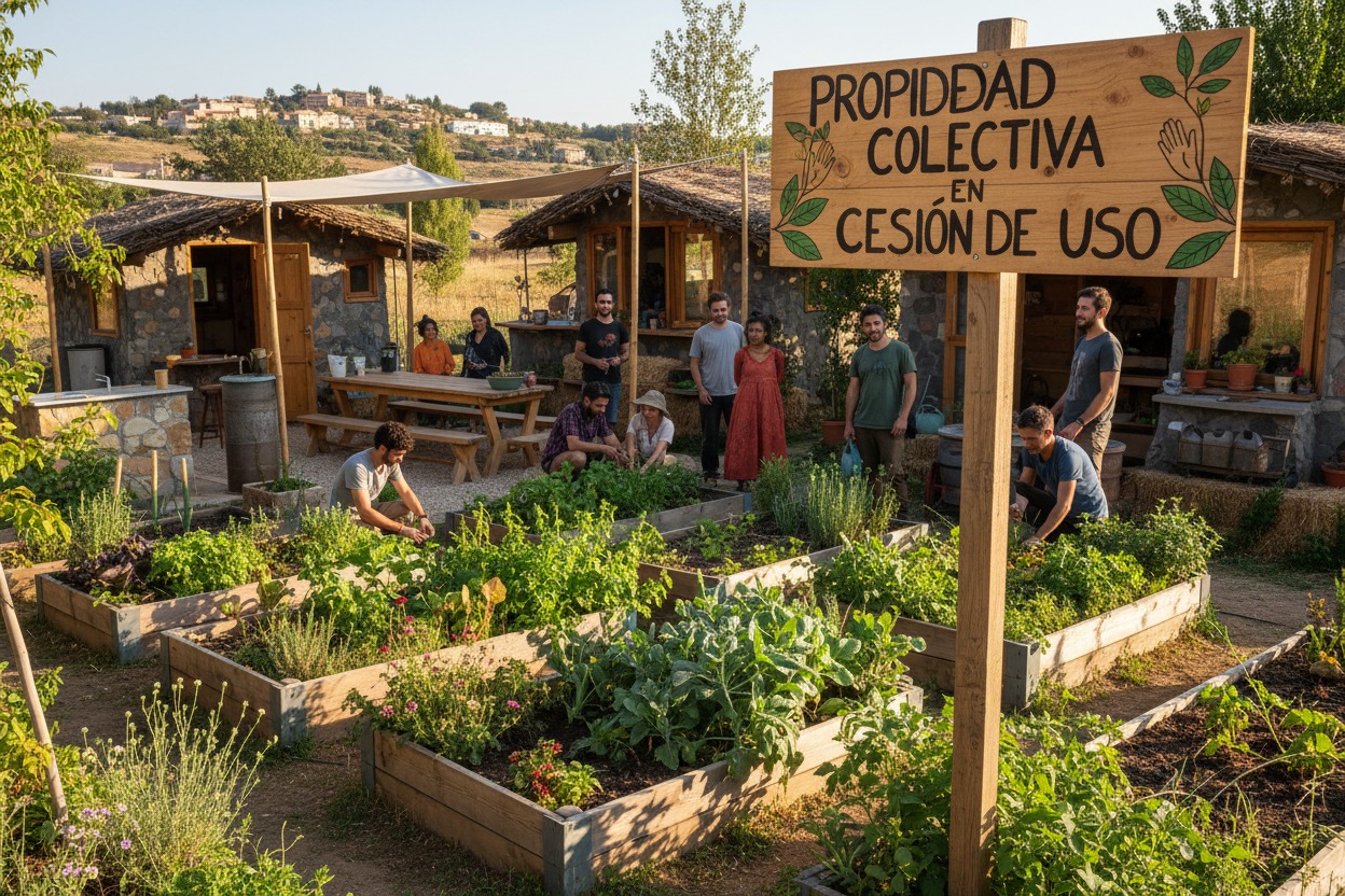 Un grupo de personas trabaja en un huerto comunitario con bancales de madera frente a unas pequeñas casas de piedra y un cartel de madera que indica propiedad colectiva.