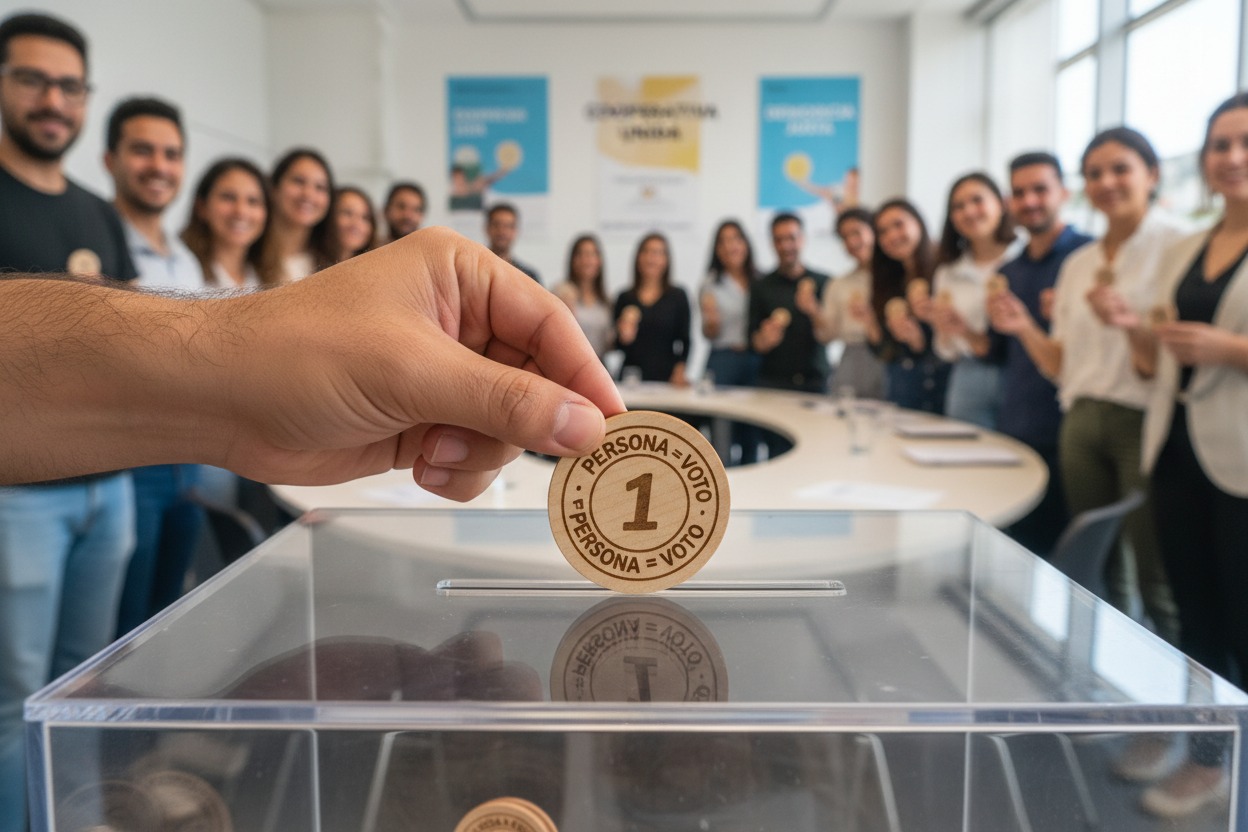 Una mano introduce una ficha de madera con el texto "1 persona = 1 voto" en una urna transparente frente a un grupo de personas en una oficina.