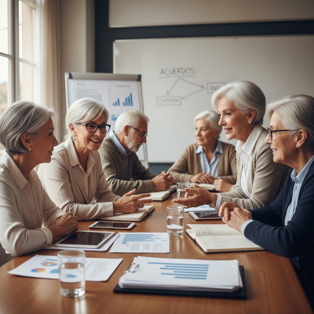 Un grupo de profesionales de edad avanzada conversa y colabora durante una reunión de trabajo alrededor de una mesa con documentos y dispositivos electrónicos.