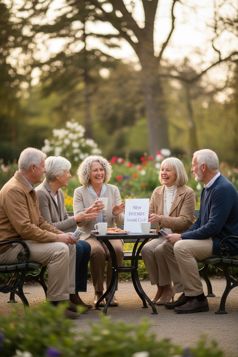 Un grupo de personas mayores conversa alegremente alrededor de una mesa con un cartel que dice "New Friends Social Club" en un jardín.
