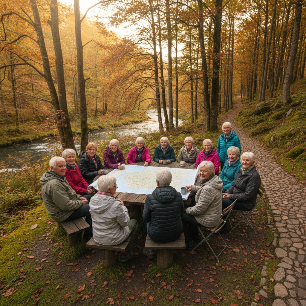 Un grupo de personas mayores sentadas alrededor de una mesa de madera en un bosque otoñal consultan un mapa junto a un río.