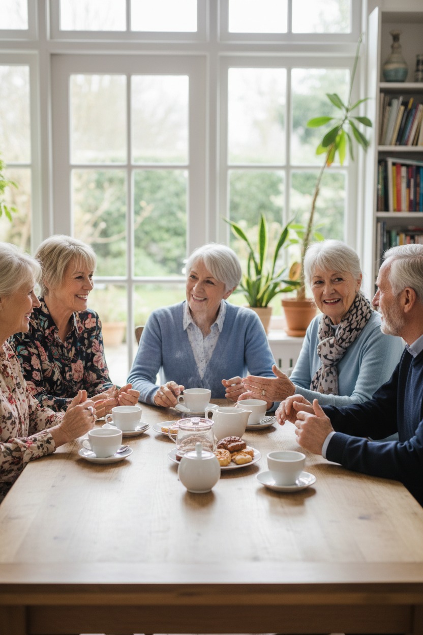 Un grupo de personas mayores conversa alegremente mientras toma café y come galletas alrededor de una mesa de madera.