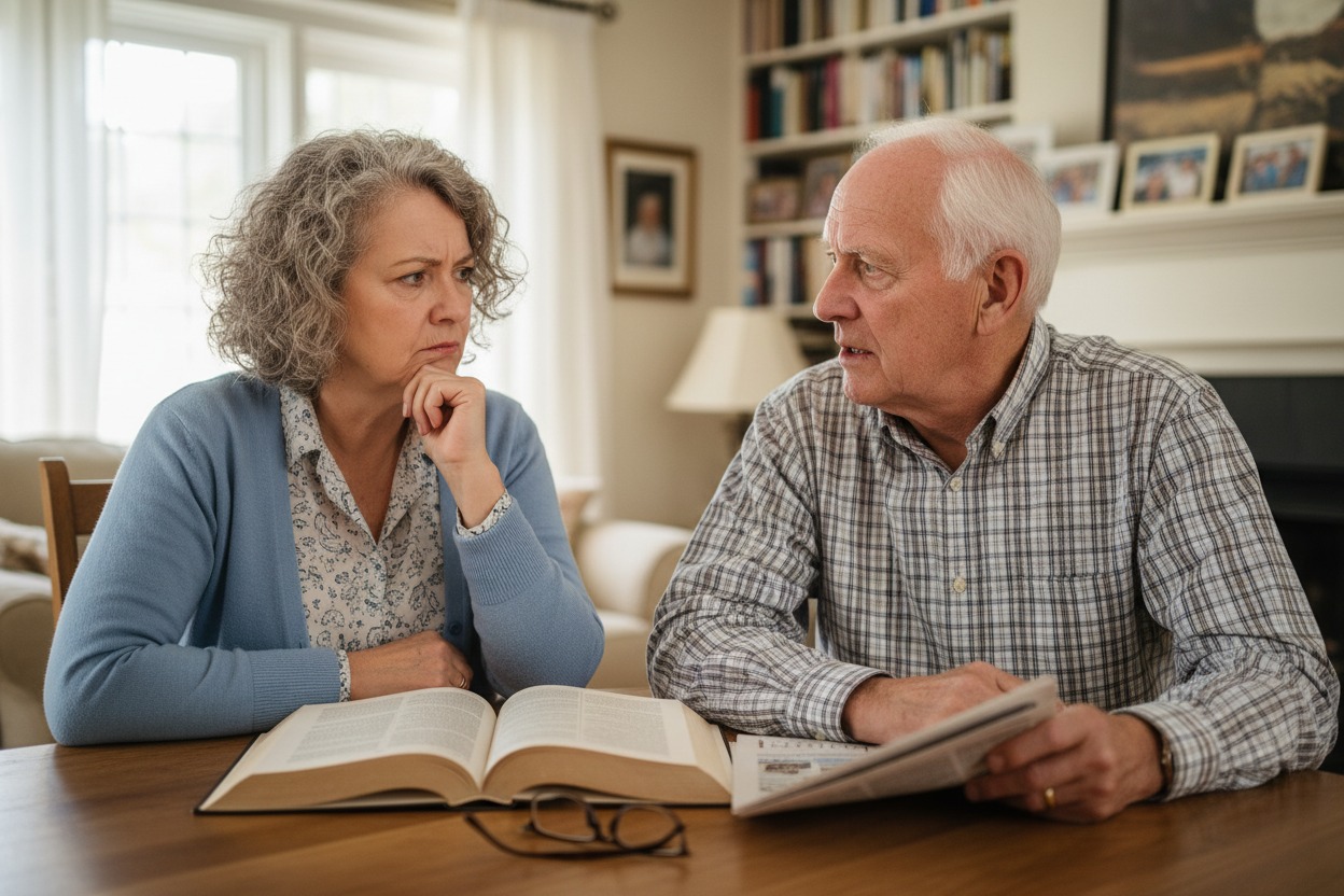 Una pareja de ancianos conversa seriamente sentada a una mesa con un libro abierto y un periódico.